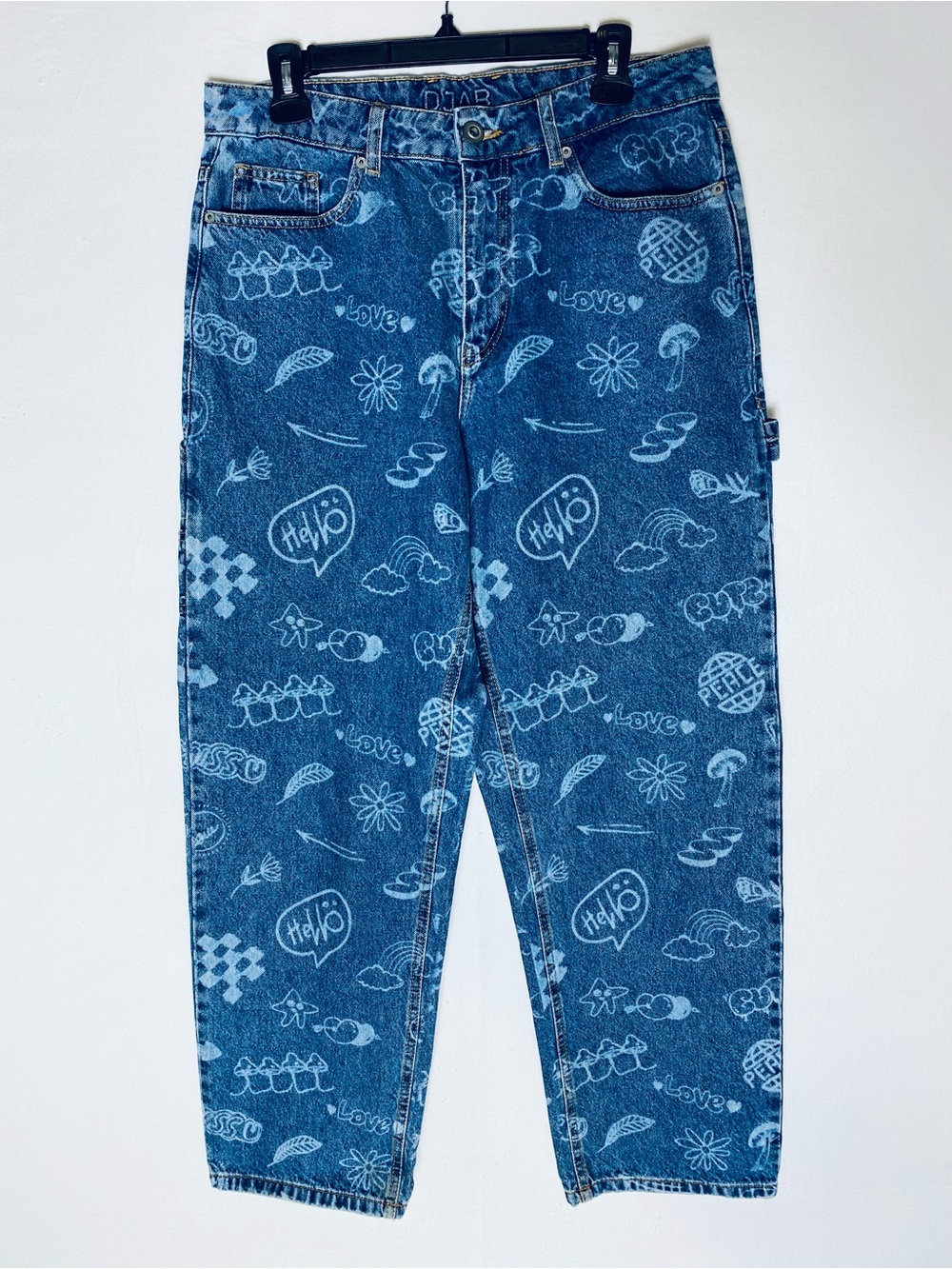 Djab Simons Blue Doodle Laser Print Wide Leg Baggy Skater Jeans 32 Y2K Graffitti